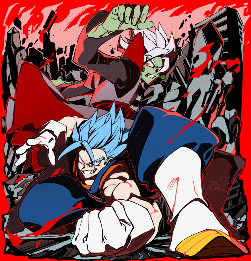 2boys boots building clenched_hand colored_skin dougi dragon_ball dragon_ball_super earrings gloves green_skin grin halftone highres jewelry long_sleeves male_focus multiple_boys muscular muscular_male pointy_ears potara_earrings red_background red_eyes rock sakaikurinea signature skyscraper smile spiky_hair super_saiyan super_saiyan_blue thick_eyebrows vegetto white_gloves zamasu