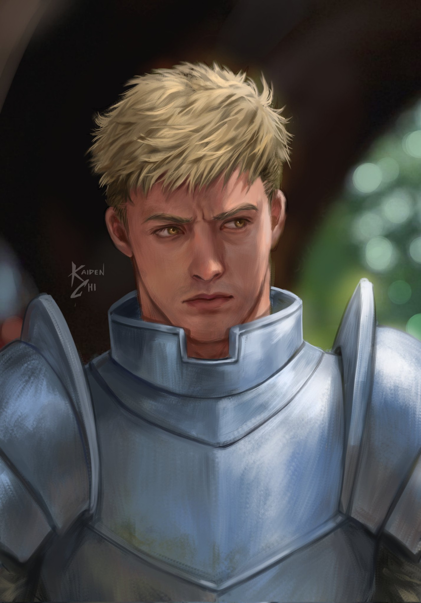 1boy armor artist_name blonde_hair blurry blurry_background brown_eyes closed_mouth dungeon_meshi hashtag-only_commentary highres kaidenchii laios_touden looking_to_the_side male_focus outdoors pauldrons realistic short_hair shoulder_armor solo undercut upper_body very_short_hair