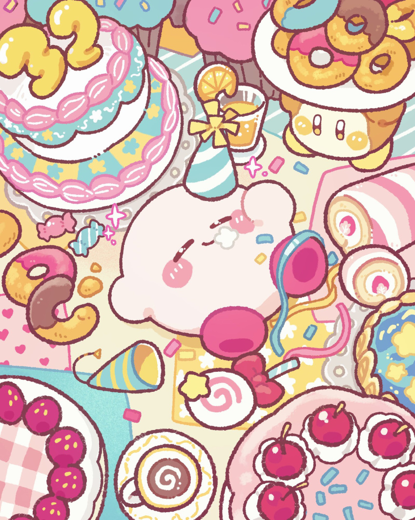 birthday blush_stickers cake candy cherry commentary confetti doughnut food from_above fruit harukui hat highres holding holding_plate invincible_candy juice kirby kirby_(series) lying muffin no_humans on_back orange_(fruit) orange_slice party_hat plate smile strawberry waddle_dee