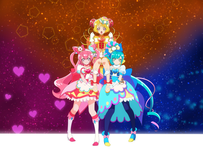 3girls ankle_boots back_bow blonde_hair blue_bow blue_footwear blue_hair blue_pantyhose boots bow brooch bun_cover china_dress chinese_clothes choker clenched_hands closed_mouth commentary cone_hair_bun cure_precious cure_spicy cure_yum-yum delicious_party_precure double_bun dress earrings flats frown fuwa_kokone gloves green_eyes hair_bow hair_bun hanamichi_ran heart heart_brooch highres huge_bow jewelry knee_boots kome-kome_(precure) lifting_person long_hair looking_at_viewer magical_girl mem-mem_(precure) multiple_girls nagomi_yui on_kazu open_mouth orange_bow orange_dress orange_footwear pam-pam_(precure) pantyhose pink_dress pink_hair precure puffy_short_sleeves puffy_sleeves red_bow red_choker red_eyes rope short_dress short_hair short_sleeves side_ponytail smile sparkle standing triple_bun two_side_up very_long_hair violet_eyes white_footwear white_gloves yellow_bow