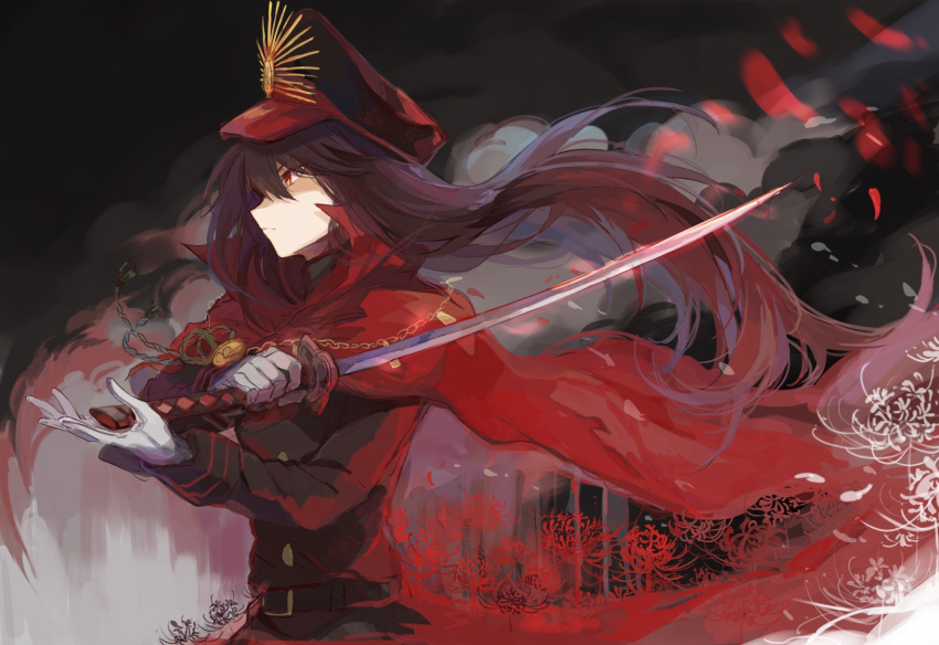 1girl belt black_background black_belt black_hat black_jacket brown_hair buttons cloak closed_mouth ezu_(e104mjd) fate/grand_order fate_(series) flower gloves hair_between_eyes hands_up hat hat_ornament highres holding holding_sword holding_weapon jacket katana long_hair looking_to_the_side military_hat military_jacket military_uniform oda_nobunaga_(fate) petals red_cloak red_eyes red_flower solo spider_lily standing sword uniform weapon white_gloves