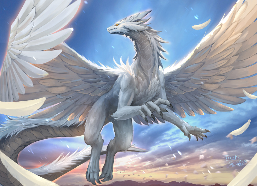 absurdres backward_facing_horns claws creature dragon dragon_claw dragon_wings fantasy feathered_wings flying highres kinokokimuti monster monster_focus original slit_pupils spread_wings western_dragon white_fur wings yellow_eyes