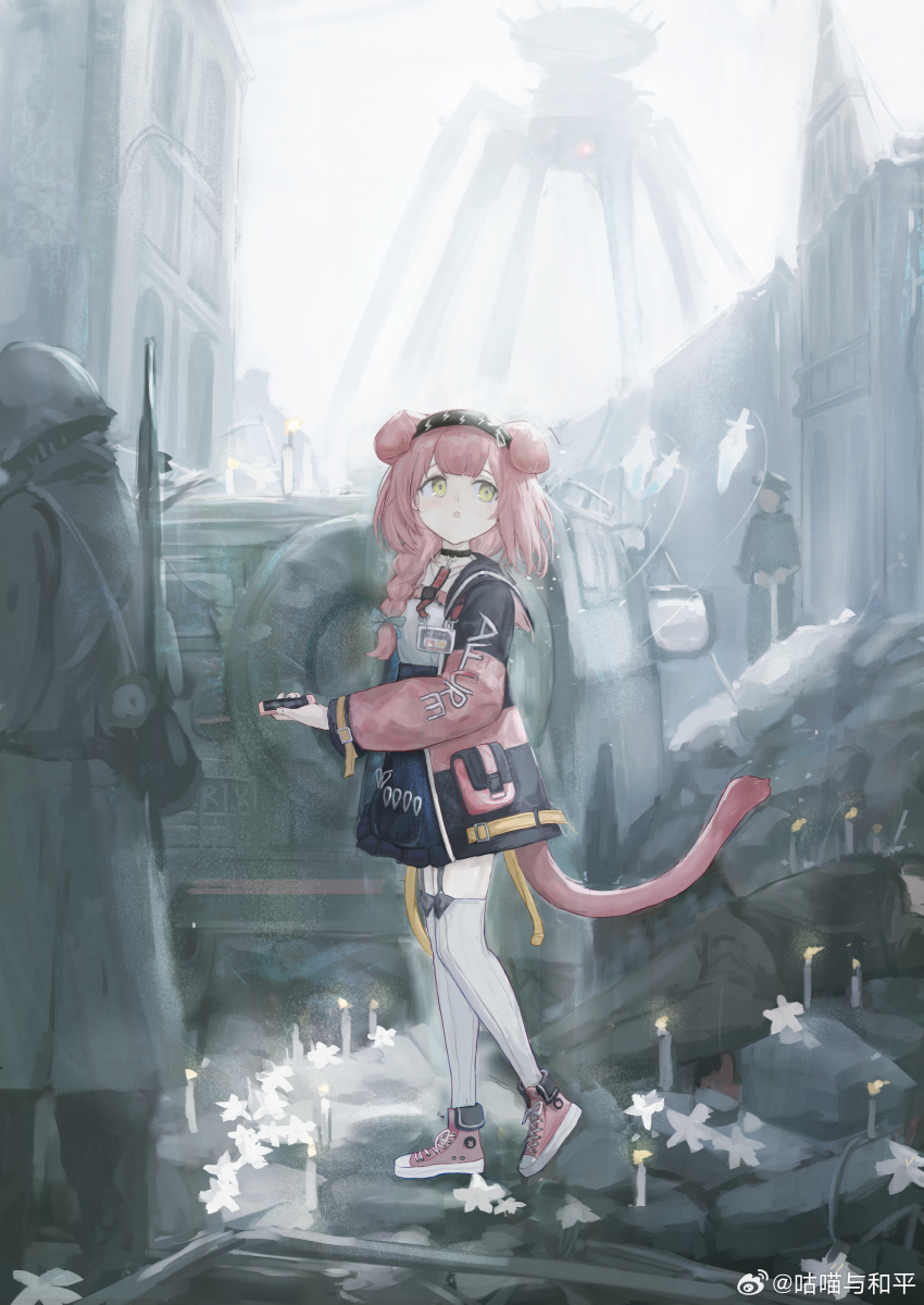 1girl 2others absurdres animal_ears architecture arknights bayonet black_hairband blue_skirt braid candle car cat_ears cat_girl cat_tail chinese_commentary coat commentary_request drone goldenglow_(arknights) gumiaoandpeace gun hairband helmet highres holding holding_phone id_card lightning_bolt_print long_hair looking_back motor_vehicle multiple_others muted_color outdoors parted_lips phone pink_coat pink_footwear pink_hair shirt shoes skirt sneakers tail thigh-highs weapon weibo_watermark white_shirt white_thighhighs yellow_eyes