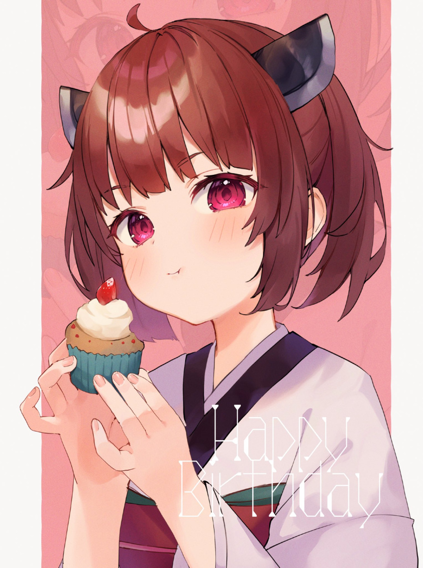 1girl ahoge blush brown_hair closed_mouth commentary_request cupcake eating food food_bite hands_up happy_birthday headgear highres holding holding_food japanese_clothes kimono looking_at_viewer obi obiage obijime outside_border pillarboxed pink_background red_eyes sash short_hair solo tananuki touhoku_kiritan twintails upper_body voiceroid white_kimono zoom_layer