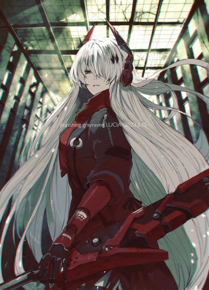 1girl alpha_(punishing:_gray_raven) black_jacket black_thighhighs character_name copyright_name dated hair_ornament hair_over_one_eye headgear headphones highres jacket long_hair lucia:_crimson_abyss_(punishing:_gray_raven) mechanical_arms ndr26nyahaysk1 punishing:_gray_raven red_eyes red_scarf scarf sheath sheathed solo sword thigh-highs very_long_hair weapon white_hair