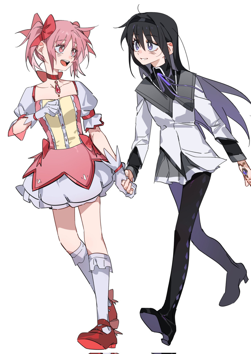 2girls akemi_homura argyle_clothes argyle_pantyhose black_hair black_hairband black_pantyhose bright_pupils chinese_commentary choker commentary_request corrupted_twitter_file dress gloves grey_sailor_collar hair_ribbon hairband high_heels highres holding_hands kaname_madoka long_hair looking_at_another magical_girl mahou_shoujo_madoka_magica molu_stranger multiple_girls neck_ribbon pantyhose parted_lips pink_dress pink_eyes pink_hair purple_ribbon red_choker red_ribbon ribbon sailor_collar shirt short_twintails simple_background smile soul_gem twintails violet_eyes white_background white_gloves white_pupils white_shirt