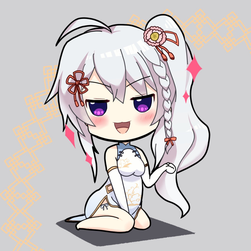1girl 9-nine- :3 :d ahoge alternate_costume bare_shoulders barefoot between_legs blush bow braid chibi china_dress chinese_clothes commentary_request dress elbow_gloves flower gloves grey_background grey_hair hair_between_eyes hair_bow hair_flower hair_ornament hand_between_legs hand_up highres hip_vent jitome long_hair looking_at_viewer niimi_sora open_mouth orange_bow pink_flower ryu9voice side_ponytail simple_background single_braid sitting sleeveless sleeveless_dress smile smug solo sparkle v-shaped_eyebrows violet_eyes wariza white_dress white_gloves