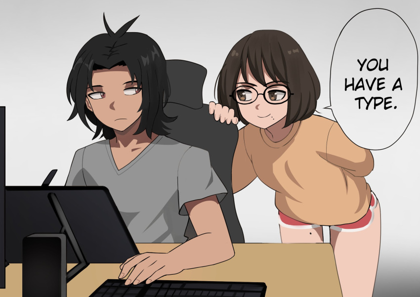 1boy 1girl artist_self-insert black_hair brown_eyes brown_hair brown_shirt closed_mouth dark_skin desk english_text frown glasses gradient_background grey_shirt highres jourd4n keyboard_(computer) leaning_forward long_sleeves looking_at_another mole mole_on_thigh mole_under_mouth original red_shorts screen shirt short_hair short_sleeves shorts smile speech_bubble white_background