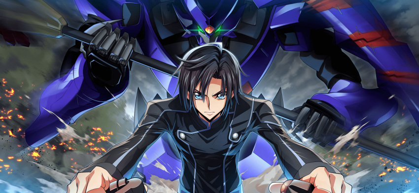 1boy artist_request black_hair black_shirt blue_eyes buttons closed_mouth code_geass code_geass:_lost_stories controller dust embers eye_trail foreshortening game_cg glowing glowing_eyes green_eyes hair_between_eyes highres holding holding_polearm holding_weapon joystick leaning_forward light_trail long_sleeves looking_at_viewer male_focus mario_disel mecha motion_blur non-web_source official_art orange_gemstone outdoors outstretched_arms polearm robot serious shirt short_hair sidelocks solo sougetsu_(code_geass) straight-on upper_body v-shaped_eyebrows weapon