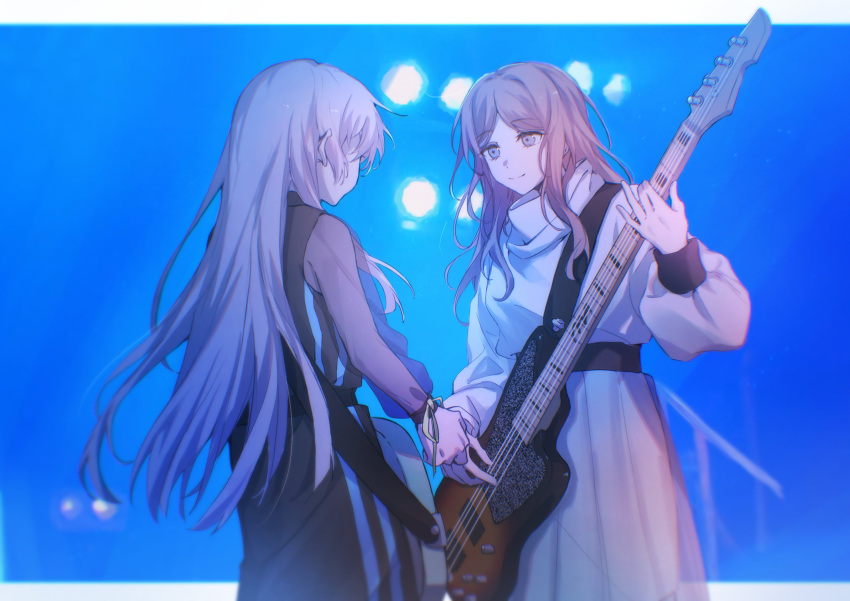 2girls absurdres bang_dream! bang_dream!_it's_mygo!!!!! black_dress brown_hair chihaya_anon chinese_commentary chromatic_aberration closed_mouth commentary_request dress grey_eyes guitar highres holding holding_guitar holding_instrument instrument long_hair long_sleeves looking_at_another multiple_girls muonrei00 music nagasaki_soyo pink_hair playing_instrument see-through see-through_sleeves sidelocks skirt smile sweater white_skirt white_sweater