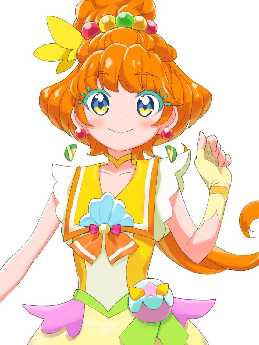 1girl blue_eyes choker closed_mouth colored_eyelashes commentary cure_papaya dress earrings fingerless_gloves gloves hair_bobbles hair_ornament highres ichinose_minori ishidai_(ishidai4682) jewelry long_hair looking_at_viewer magical_girl neck_ribbon orange_hair orange_ribbon pouch precure ribbon sailor_collar shell_brooch simple_background sleeveless sleeveless_dress smile solo standing thick_eyelashes tropical-rouge!_precure white_background yellow_choker yellow_dress yellow_gloves yellow_sailor_collar
