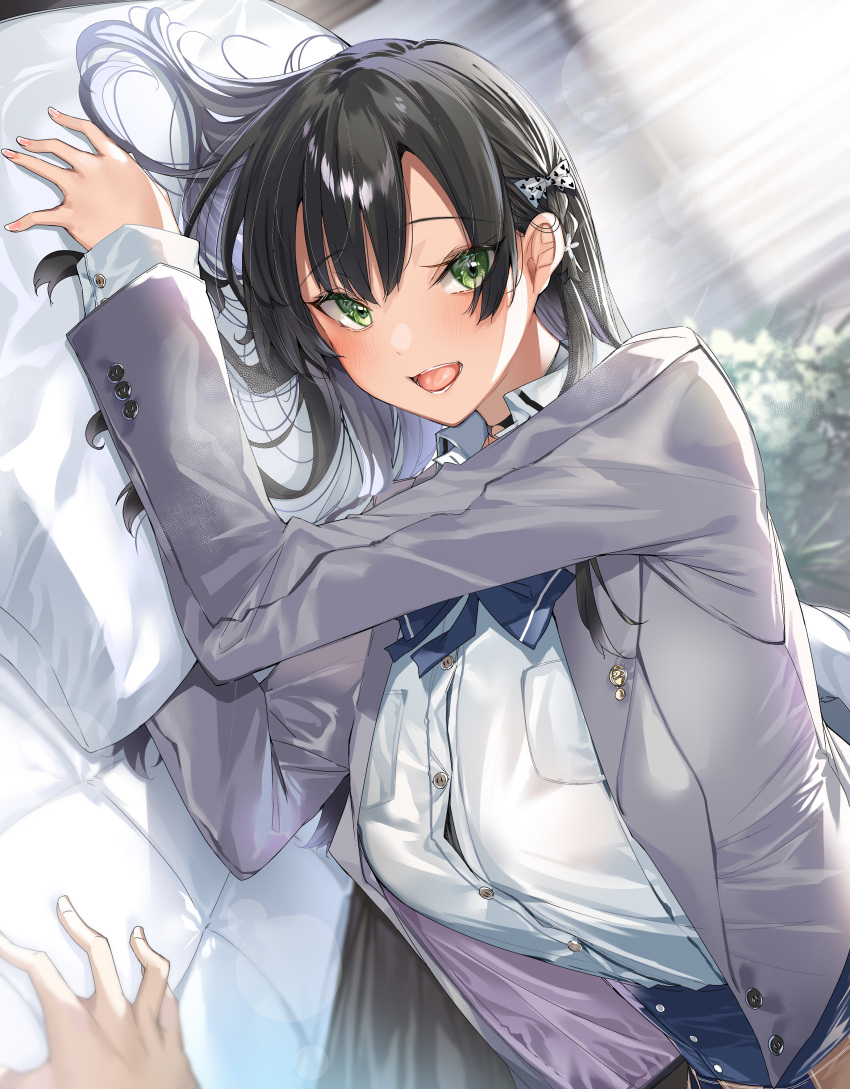 1girl 1other absurdres black_hair blazer blue_bow blue_bowtie bow bowtie braid breasts button_gap buttons collared_shirt commentary_request curtains eyes_visible_through_hair green_eyes hair_bow heart heart_print highres hitotsuba_kaede indoors jacket kakao_(chocolate_land) large_breasts long_hair long_sleeves looking_at_viewer lying novel_illustration official_art on_bed on_side open_clothes open_jacket open_mouth out_of_frame pillow pov ryoushin_no_shakkin school_uniform shirt solo_focus white_bow white_shirt