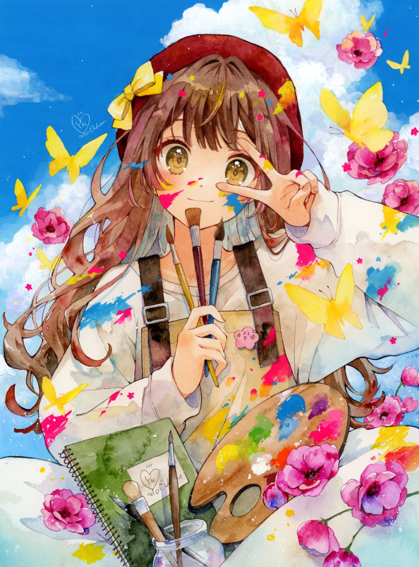 1girl beret blue_sky blush brown_hair bug butterfly closed_mouth clouds cloudy_sky collarbone colorful cumulonimbus_cloud day flower green_eyes hair_intakes hat head_tilt highres holding holding_paintbrush jar long_bangs long_sleeves looking_at_viewer original outdoors paintbrush painting_(medium) pink_flower red_hat shirt signature sketchbook sky sleeves_past_wrists smile solo traditional_media upper_body v_over_eye watercolor_(medium) wavy_hair white_shirt yellow_butterfly yellow_overalls yuyuharu_1027