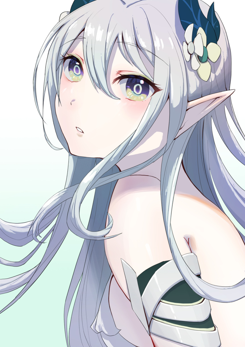 1girl absurdres backless_dress backless_outfit bare_shoulders detached_sleeves dress gradient_eyes grey_dress grey_hair hair_between_eyes highres kaki_(pixiv_71822969) lamia_(punishing:_gray_raven) long_hair long_pointy_ears looking_at_viewer multicolored_eyes official_alternate_costume official_alternate_eye_color official_alternate_hair_color parted_lips pointy_ears punishing:_gray_raven solo white_background