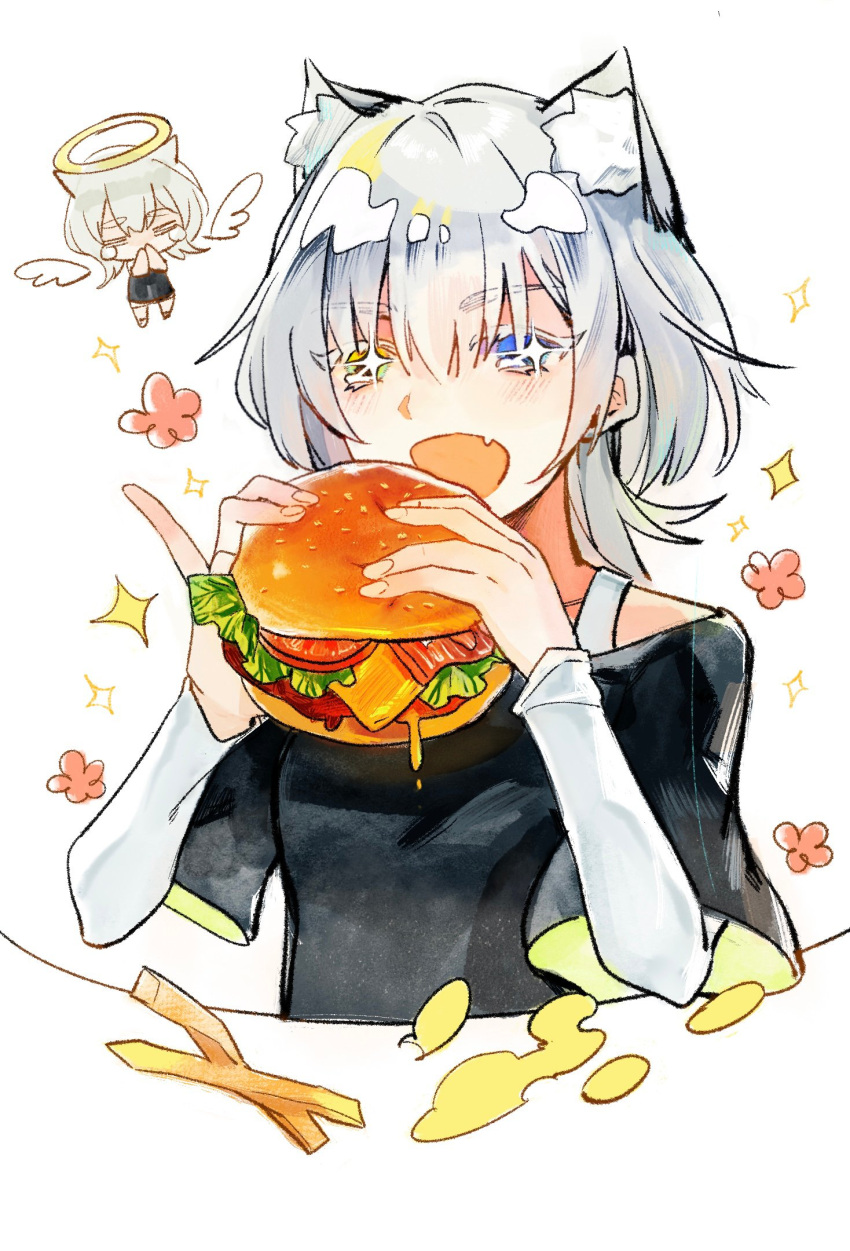 1girl angel_wings animal_ears bang_dream! bang_dream!_it's_mygo!!!!! black_shirt blue_eyes burger cat_ears cheese commentary_request fang food french_fries halo heterochromia highres holding holding_burger holding_food kaname_raana kemonomimi_mode layered_sleeves lettuce long_sleeves medium_hair open_mouth reiboubyou shirt short_over_long_sleeves short_sleeves simple_background skin_fang smile solo sparkle sparkling_eyes tomato tomato_slice upper_body white_background white_hair wings yellow_eyes