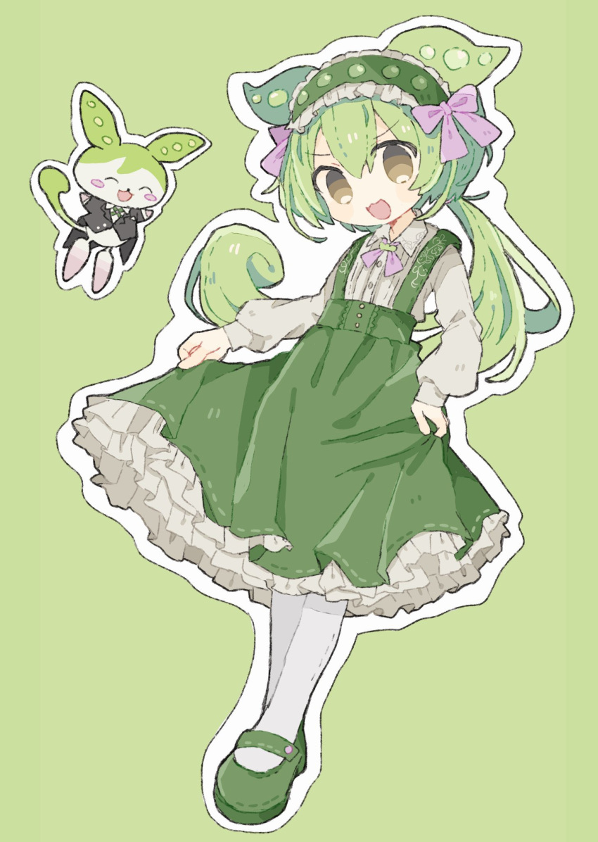 1girl adapted_costume alternate_costume black_coat coat coattails collared_shirt creature_and_personification frilled_hairband frills full_body green_background green_footwear green_hair green_hairband green_skirt hair_between_eyes hair_ribbon hairband highres kanato345 long_hair long_sleeves looking_at_viewer mary_janes neck_ribbon open_mouth outline pantyhose petticoat pink_ribbon ribbon shirt shoes simple_background skirt skirt_hold smile standing suspender_skirt suspenders voiceroid voicevox white_outline white_pantyhose white_shirt zundamon