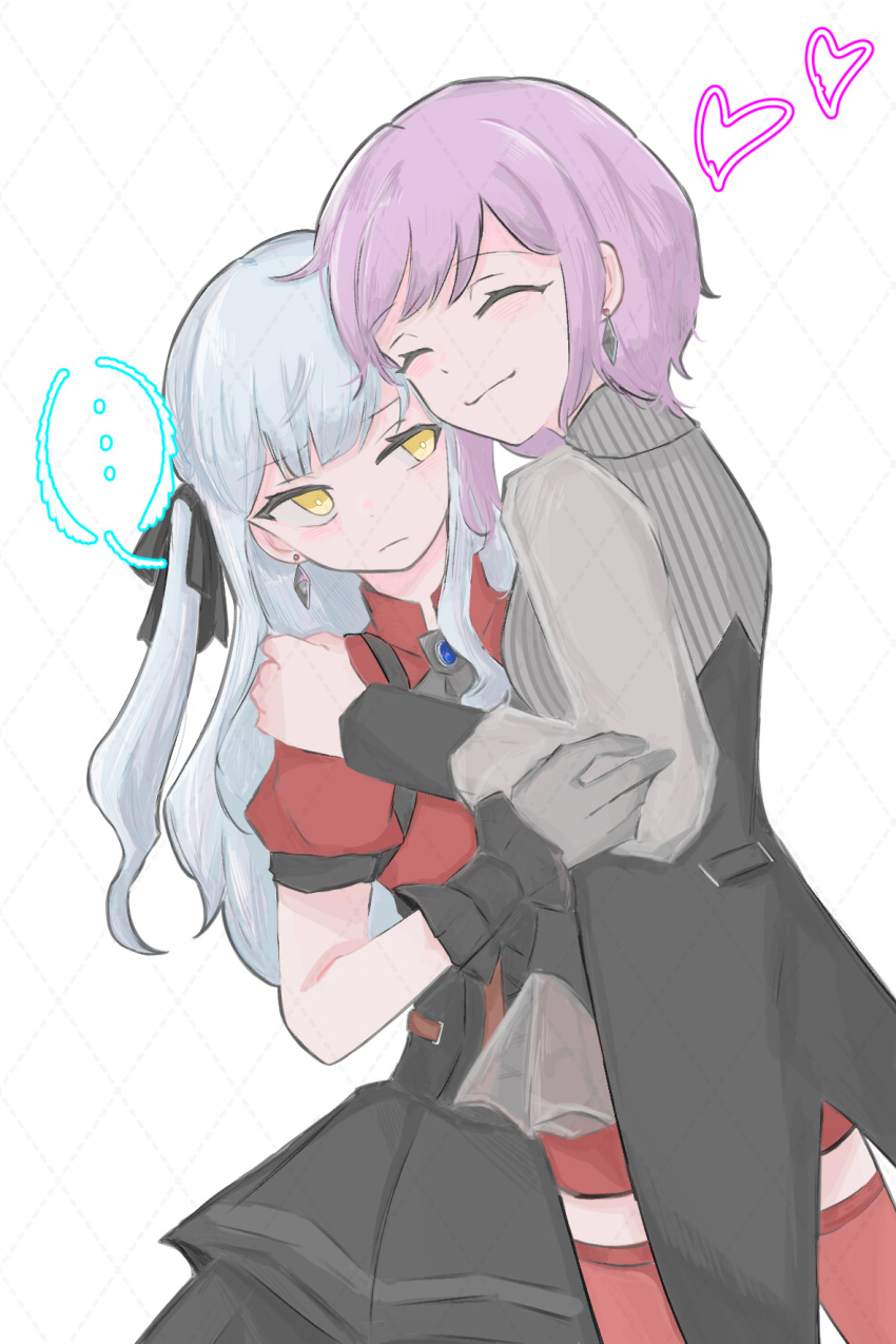 ... 2girls bang_dream! bang_dream!_it's_mygo!!!!! black_gloves black_jacket black_skirt blue_hair cheek-to-cheek closed_eyes closed_mouth collared_shirt commentary cowboy_shot earrings gloves grey_jacket hand_on_another's_arm hand_on_another's_shoulder heads_together heart highres jacket jewelry long_hair multiple_girls red_shirt red_shorts red_thighhighs see-through see-through_sleeves shirt shorts skirt solo spoken_ellipsis symbol-only_commentary thigh-highs togawa_sakiko tuxedo white_background yellow_eyes yuri yuutenji_nyamu zaosoap20
