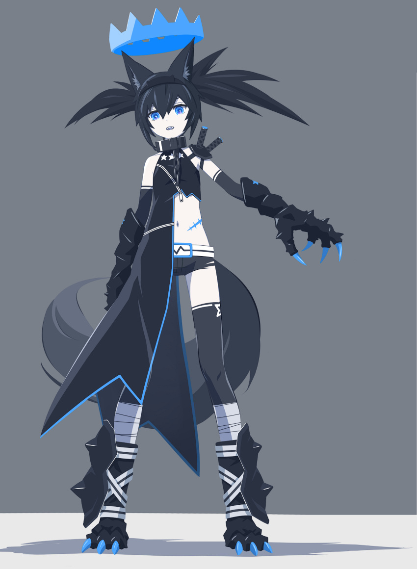 1girl 32zzz alternate_costume animal_ear_fluff animal_ears asymmetrical_dress bare_shoulders black_dress black_hair black_rock_shooter black_rock_shooter_(character) black_shorts black_thighhighs blue_eyes claws dress floating_crown hair_between_eyes highres long_hair navel open_mouth scar scar_on_stomach short_shorts shorts sidelocks solo stitches tail teeth thigh-highs twintails uneven_twintails upper_teeth_only wolf_ears wolf_tail