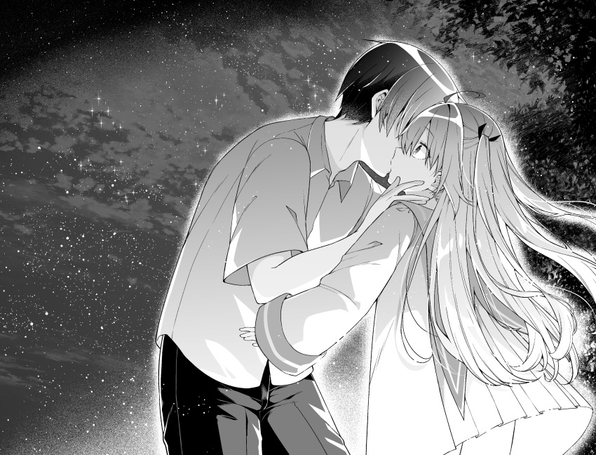 1boy 1girl absurdres ahoge atri atri-my_dear_moments- clouds cloudy_sky collared_shirt commentary_request dress dress_shirt faceless faceless_male greyscale hair_between_eyes hair_ribbon hetero highres jako_(jakoo21) kiss long_hair long_sleeves monochrome night night_sky outdoors pants pleated_dress ribbon sailor_dress shirt sky sleeves_past_wrists star_(sky) starry_sky two_side_up very_long_hair wide_sleeves