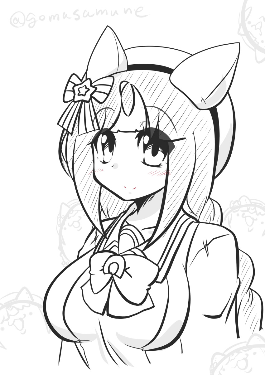 1girl absurdres animal_ears beret blush bow braid breasts closed_mouth cropped_torso goma_(gomasamune) hair_bow hair_ornament hat highres hokko_tarumae_(umamusume) horse_ears large_breasts long_hair looking_at_viewer low_twintails monochrome multicolored_hair school_uniform shirt simple_background smile spot_color star_(symbol) star_hair_ornament striped_bow tracen_school_uniform twin_braids twintails twitter_username two-tone_hair umamusume upper_body very_long_hair white_background