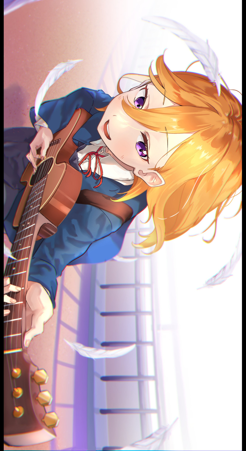 1girl absurdres acoustic_guitar blue_jacket collared_shirt commentary_request dress falling_feathers feathers grey_dress guitar highres holding holding_instrument instrument jacket long_sleeves looking_at_viewer love_live! love_live!_superstar!! medium_hair neck_ribbon open_mouth orange_hair outdoors red_ribbon repurika ribbon school_uniform shibuya_kanon shirt sideways solo teeth upper_body upper_teeth_only violet_eyes white_shirt winter_uniform yuigaoka_school_uniform