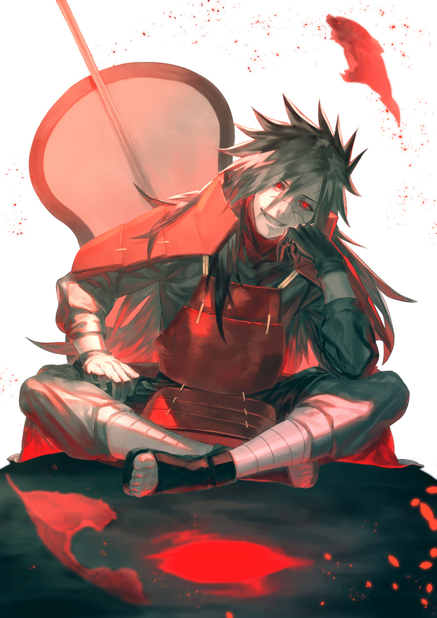 1boy armor bandages black_gloves black_hair cape cloak cracked_skin fasna gloves grin gunbai hair_between_eyes head_rest highres indian_style long_hair looking_at_viewer male_focus naruto naruto_(series) pale_skin red_cape red_cloak red_eyes sitting smile solo spiky_hair toeless_footwear uchiha_madara war_fan weapon white_background