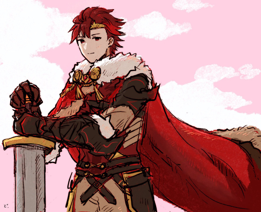 1boy armor asymmetrical_armor buster_sword cape diamant_(fire_emblem) dolly_deer fire_emblem fire_emblem_engage floating_cape holding holding_sword holding_weapon red_cape red_eyes redhead shoulder_armor solo sword upper_body weapon