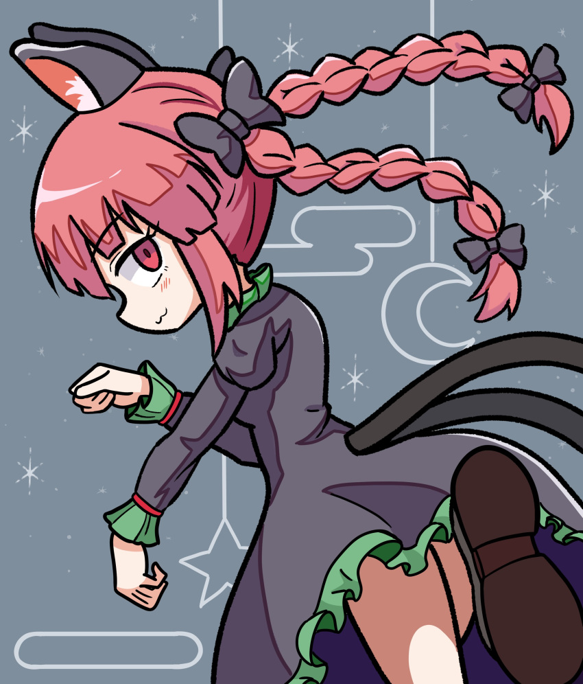 1girl :3 absurdres animal_ear_fluff animal_ears black_bow black_dress bow cat_ears cat_girl cat_tail commentary crescent_moon dress egasumi grey_background hair_bow highres kaenbyou_rin long_hair long_sleeves looking_at_viewer moon multiple_tails nekomata red_eyes redhead simple_background solo star_(sky) suikatou tail touhou two_tails
