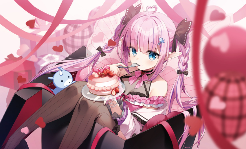 1girl absurdres ahoge bare_shoulders black_bow black_footwear black_leotard black_thighhighs blue_eyes blunt_bangs bow box braid breasts brooch butterfly_wings cake cropped_legs dress earrings eating food frilled_dress frilled_thighhighs frills fruit gift gift_box hair_bow hair_ornament hairpin heart heart_ahoge heart_brooch heart_earrings highres holding holding_plate insect_wings jewelry kokoromo_memory leotard multicolored_hair phase_connect pink_bow pink_dress pink_hair pink_ribbon plate pointy_ears purple_hair ribbon see-through see-through_thighhighs sidelocks small_breasts strawberry streaked_hair suimya thigh-highs twin_braids two-tone_hair virtual_youtuber wings