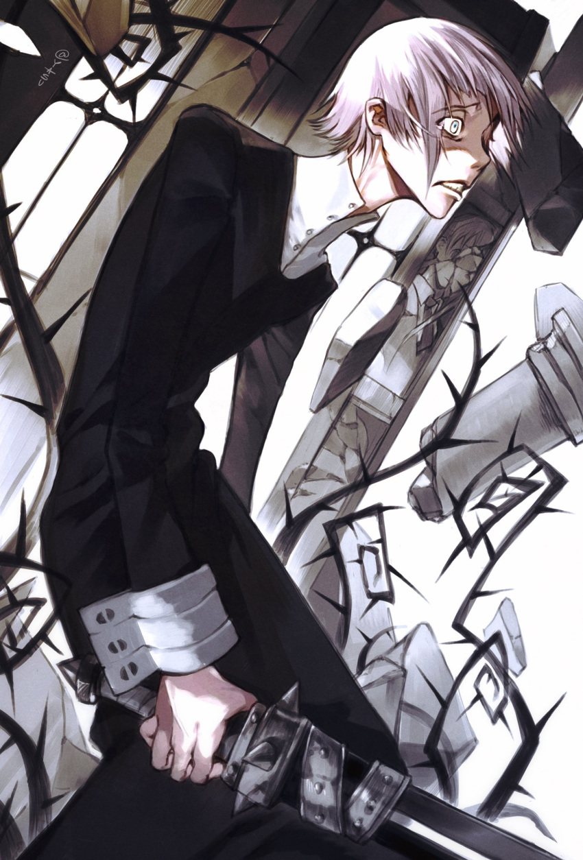 1girl 1other androgynous ann_yasu_d black_dress choppy_bangs crazy_eyes crona_(soul_eater) different_reflection dress highres holding holding_sword holding_weapon long_sleeves maka_albarn monochrome necktie pink_hair reflection short_hair soul_eater sword teeth weapon wide-eyed