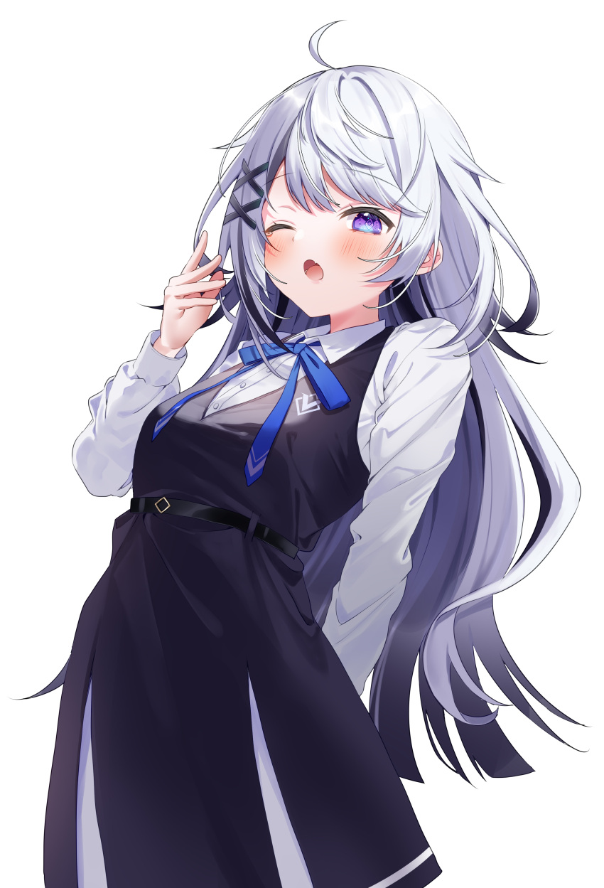 1girl :o absurdres ahoge apron arm_behind_back black_apron blue_bow blush bow cowboy_shot fang hair_ornament hand_up highres indie_virtual_youtuber long_hair long_sleeves looking_at_viewer open_mouth pome_charo sharp_teeth solo square_pupils teeth violet_eyes white_background white_hair white_sleeves x_hair_ornament yawning