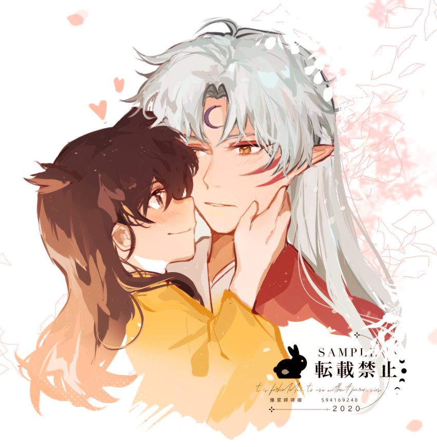 1boy 1girl 2020 brown_eyes brown_hair english_text etiv facial_tattoo heart hetero highres holding_another's_head inuyasha japanese_clothes kimono long_hair looking_at_another parted_bangs rabbit red_kimono rin_(inuyasha) sesshoumaru smile tattoo translation_request upper_body white_background white_hair yellow_eyes yellow_kimono