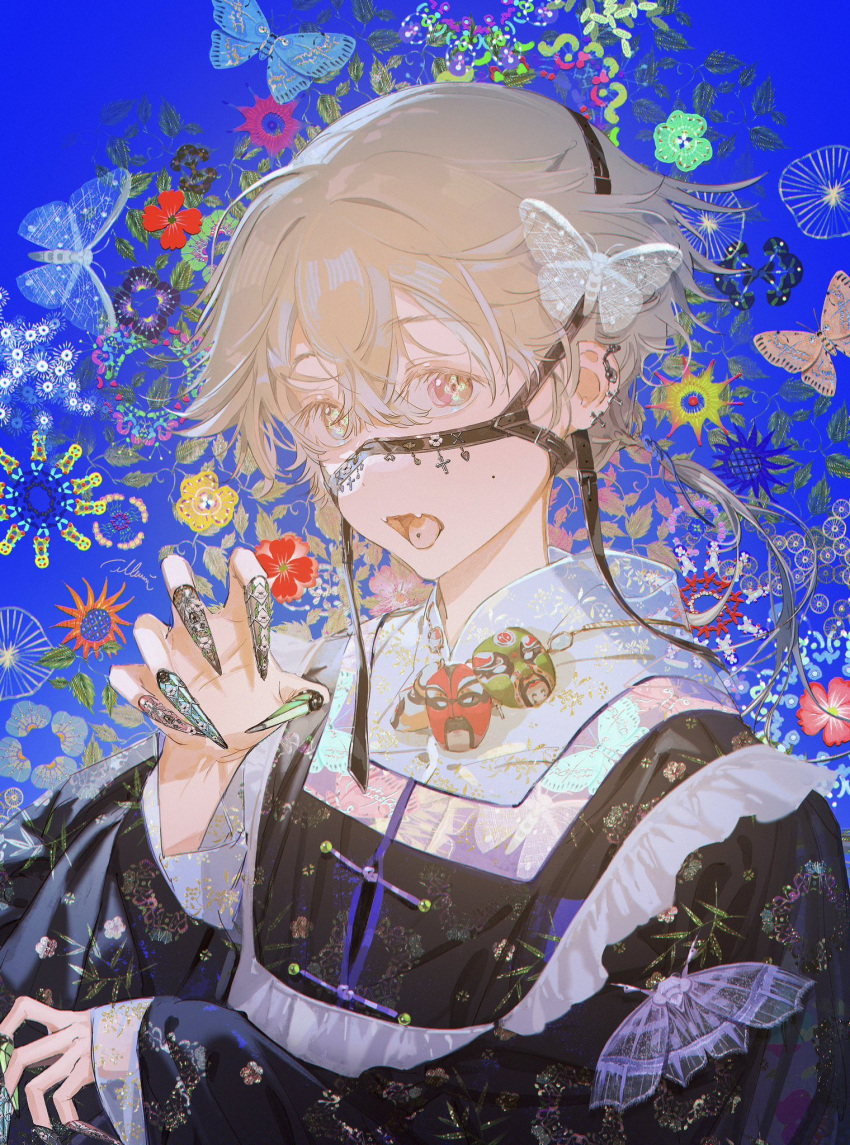 1boy artist_name blue_background brown_eyes bug butterfly claw_(weapon) ear_piercing earrings fangs flower grey_hair hair_between_eyes highres illumi999 jewelry long_sleeves looking_at_viewer male_focus open_mouth original piercing red_flower short_hair sleeves_past_wrists solo tongue tongue_out tongue_piercing upper_body weapon