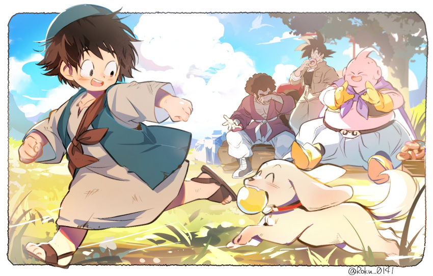 4boys afro animal animal_collar antennae ball basket bee_(dragon_ball) black_hair blue_sky boots cape clouds collar colored_skin commentary covering_own_eyes dog doughnut dougi dragon_ball dragon_ball_z fat_buu food gloves grass hat highres holding holding_food log majin_buu mr._satan multiple_boys outdoors pink_skin purple_cape roku_(roku_0141) sandals short_hair sitting sitting_on_log sky smile son_goku spiky_hair symbol-only_commentary tree twitter_username yellow_gloves