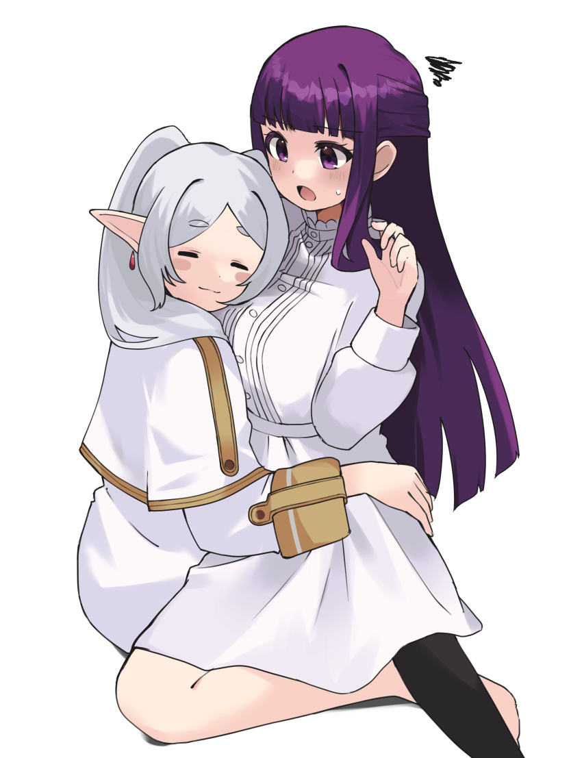 2girls absurdres black_pantyhose blush_stickers capelet closed_eyes closed_mouth commentary dress earrings elf fern_(sousou_no_frieren) frieren hand_on_another's_waist hashtag_only_commentary highres hug jewelry long_hair long_sleeves multiple_girls open_mouth pantyhose pointy_ears purple_hair simple_background sitting sitting_on_lap sitting_on_person sousou_no_frieren sweatdrop thick_eyebrows twintails violet_eyes white_background white_capelet white_dress white_hair yuri zono_(inokura_syuzo029)