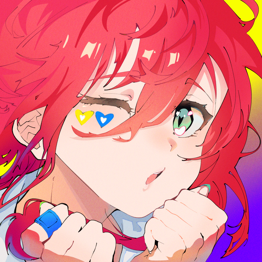 1girl absurdres bocchi_the_rock! commentary facial_mark gradient_background green_eyes hair_between_eyes hands_up heart highres irreligiositat jewelry kita_ikuyo mika_pikazo_(style) multicolored_background one_eye_closed parted_lips portrait purple_background redhead ring solo yellow_background