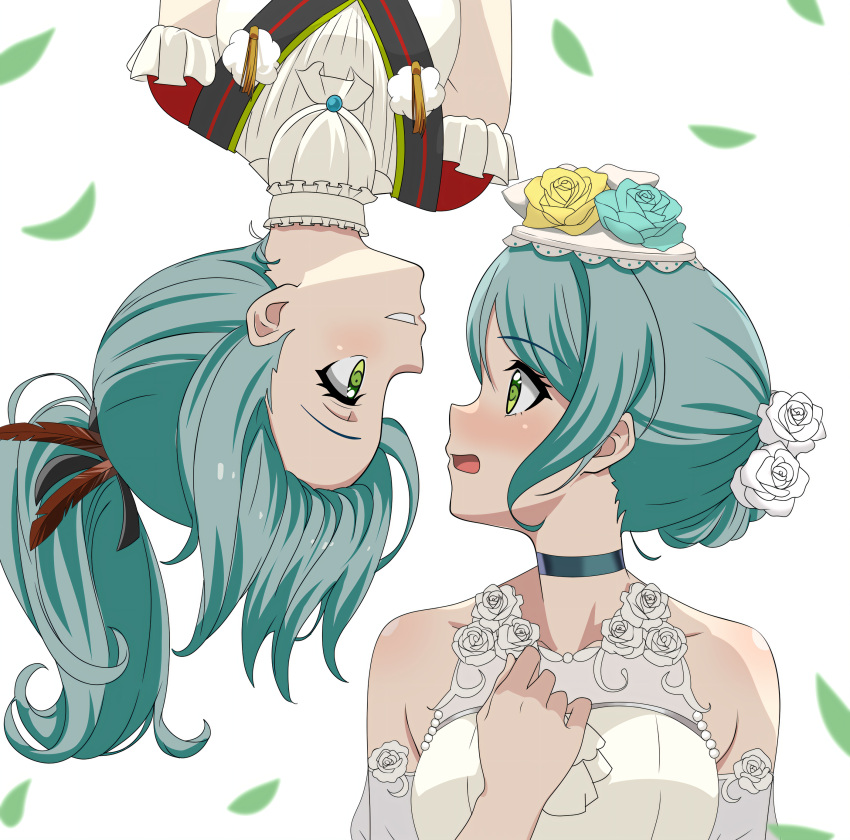 2girls absurdres aqua_hair ascot bang_dream! bare_shoulders blush choker collarbone dress english_commentary eye_contact feather_hair_ornament feathers flower fries_vanquisher gem green_eyes grin hair_bun hair_flower hair_ornament highres hikawa_hina hikawa_sayo leaf looking_at_another multiple_girls official_alternate_costume open_mouth pearl_(gemstone) ponytail rose shirt siblings single_hair_bun sisters smile surprised upside-down white_ascot white_background white_dress white_shirt