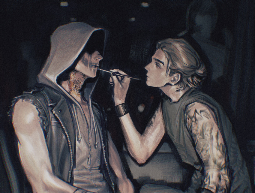 2boys arm_tattoo black_jacket blonde_hair c2h4_(1849155751) couch dark dead_by_daylight facial_tattoo from_side grey_hoodie grey_shirt hair_bun highres holding holding_paintbrush hood hoodie jacket leaning_forward looking_at_another male_focus multiple_boys neck_tattoo on_couch paintbrush shaded_face shirt shoulder_tattoo single_hair_bun sitting sleeveless spotlight tattoo the_legion_(dead_by_daylight) upper_body