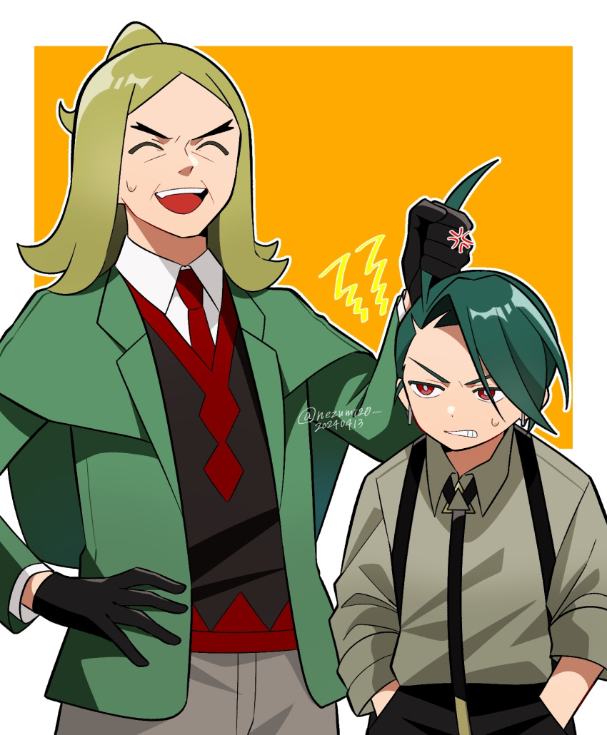 1boy 1girl :d ahoge_grab anger_vein angry black_gloves black_necktie black_pants black_vest blonde_hair clenched_teeth closed_eyes collared_shirt commentary_request earrings genjitsu_o_miro gloves green_hair green_jacket grey_shirt hand_on_own_hip hands_in_pockets hassel_(pokemon) highres jacket jewelry necktie open_mouth pants parted_bangs pokemon pokemon_sv red_necktie rika_(pokemon) shirt smile suspenders sweatdrop teeth upper_teeth_only vest white_shirt