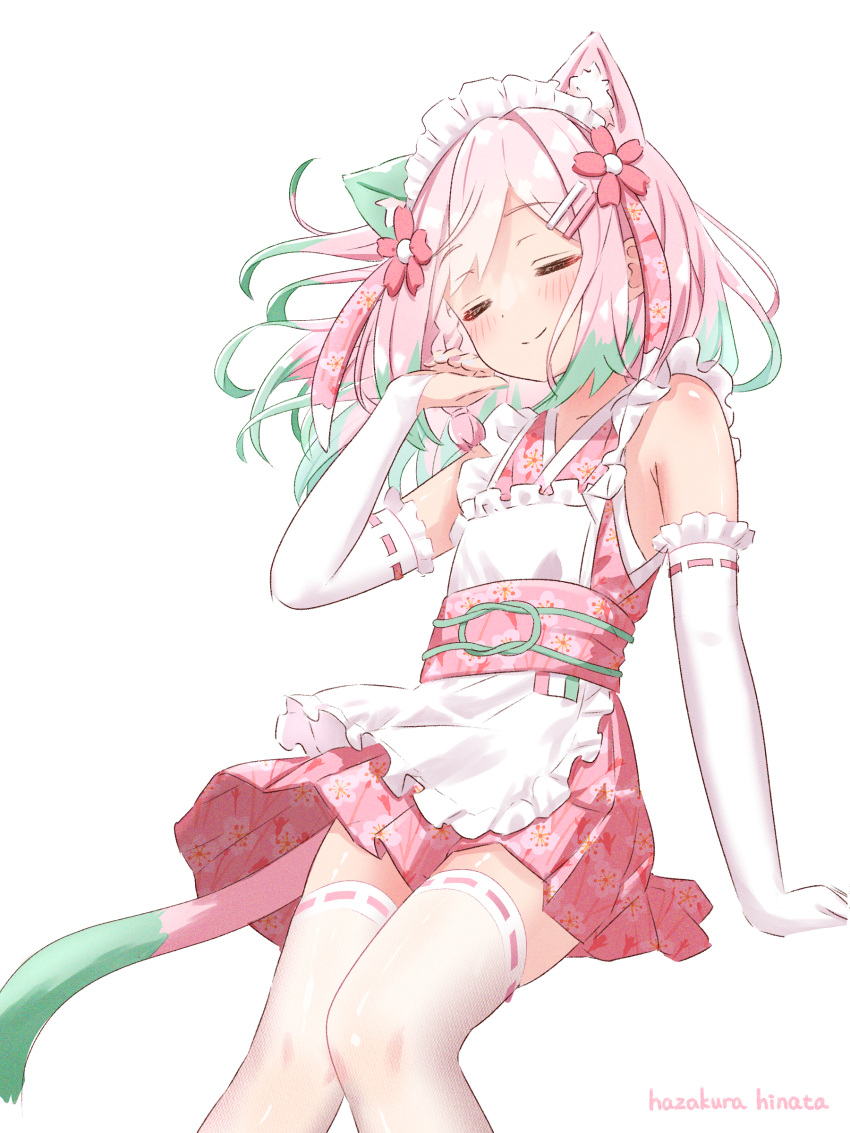 absurdres animal_ears apron bridal_gauntlets cat_ears cat_girl cat_tail closed_eyes closed_mouth dress green_hair hand_on_own_face hazakura_hinata highres maid maid_apron maid_headdress multicolored_hair original pink_dress pink_hair simple_background smile tail variant_set wa_maid white_background