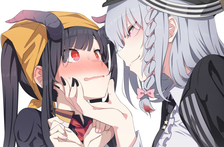 2girls black_hair black_horns black_nails blue_archive blush bow braid closed_mouth csham eye_contact fingernails from_side fuuka_(blue_archive) grey_hair hair_bow hand_on_another's_chin hands_up haruna_(blue_archive) head_scarf highres horns long_fingernails long_hair long_sleeves looking_at_another multiple_girls nose_blush open_mouth pink_bow red_eyes simple_background smile white_background yuri