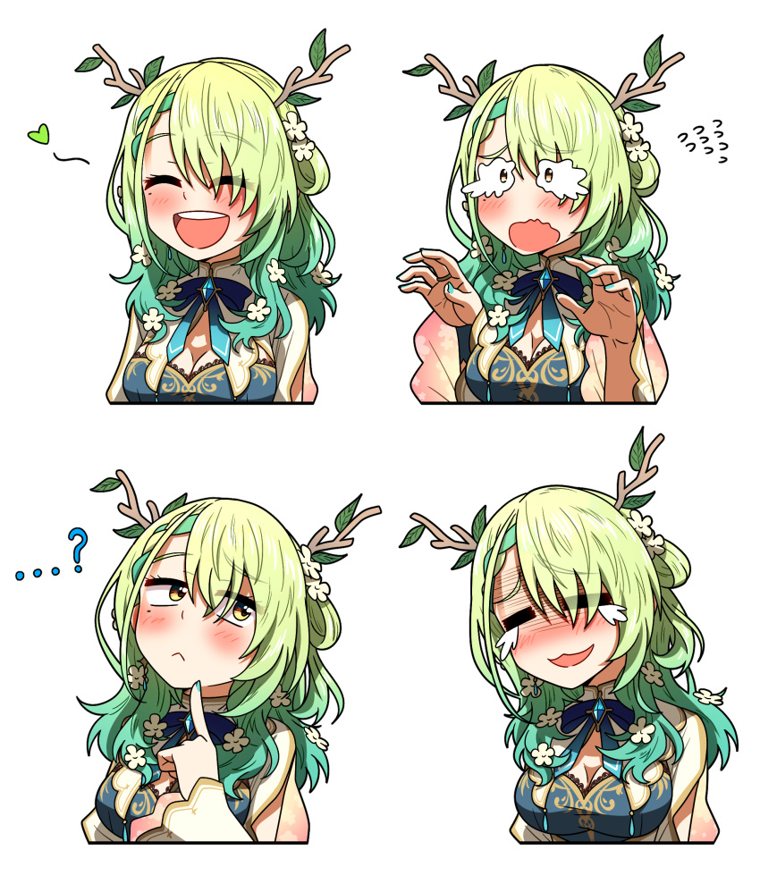 1girl :d =_= antlers blue_dress breasts capelet ceres_fauna ceres_fauna_(1st_costume) chibi chibi_only closed_eyes commentary crying crying_with_eyes_open ddolbang dress english_commentary expressions finger_to_own_chin flower gradient_hair green_hair hair_flower hair_ornament highres hololive hololive_english horns large_breasts long_hair mole mole_under_eye multicolored_hair multiple_views simple_background smile streaming_tears tears upper_body virtual_youtuber white_background white_capelet yellow_eyes