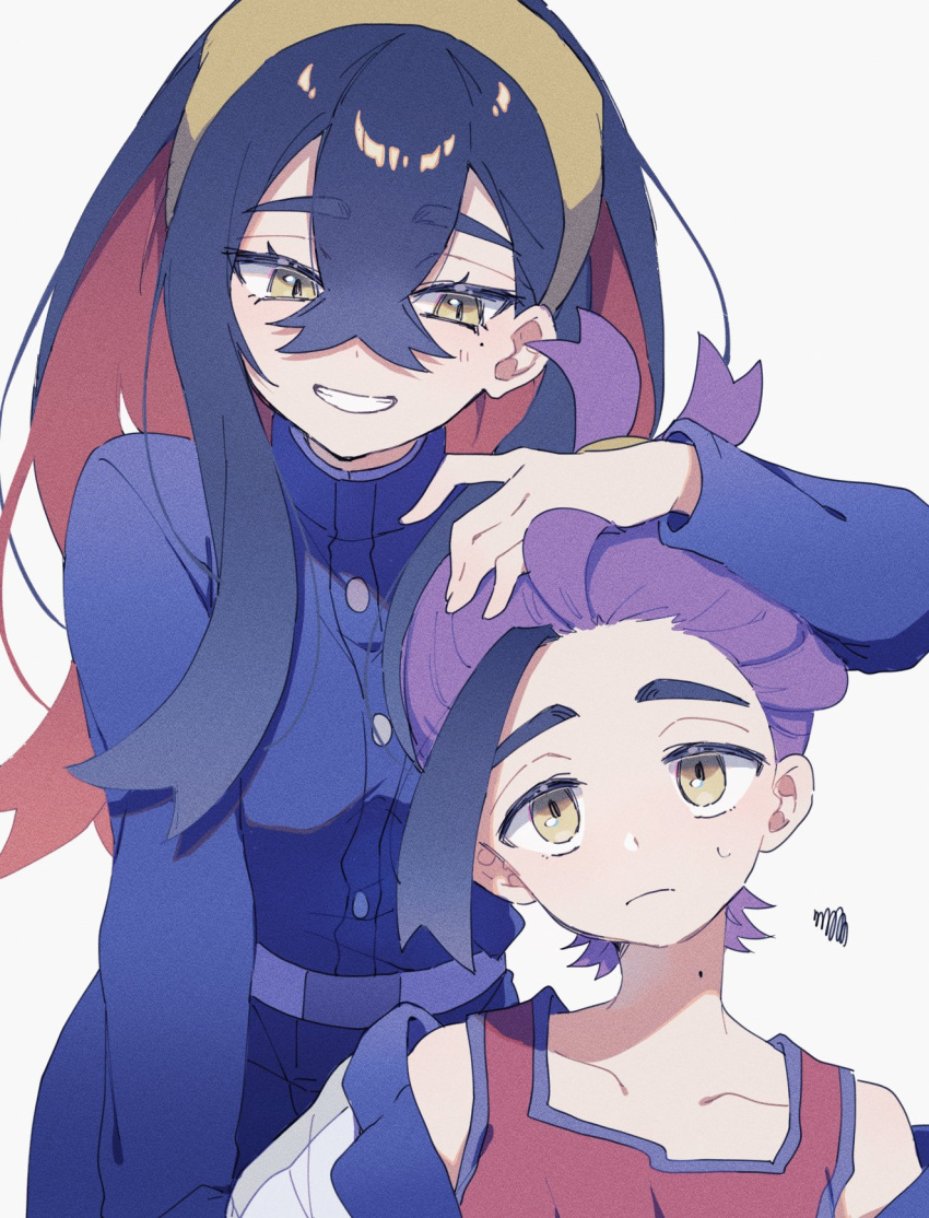 1boy 1girl black_hair blush brother_and_sister carmine_(pokemon) closed_mouth crossed_bangs grey_background grin hair_between_eyes hand_on_another's_head highres jacket kieran_(pokemon) long_hair long_sleeves mole mole_on_neck mole_under_eye multicolored_hair nmnmnmk_p pokemon pokemon_sv purple_hair red_tank_top redhead siblings simple_background smile squiggle sweat tank_top