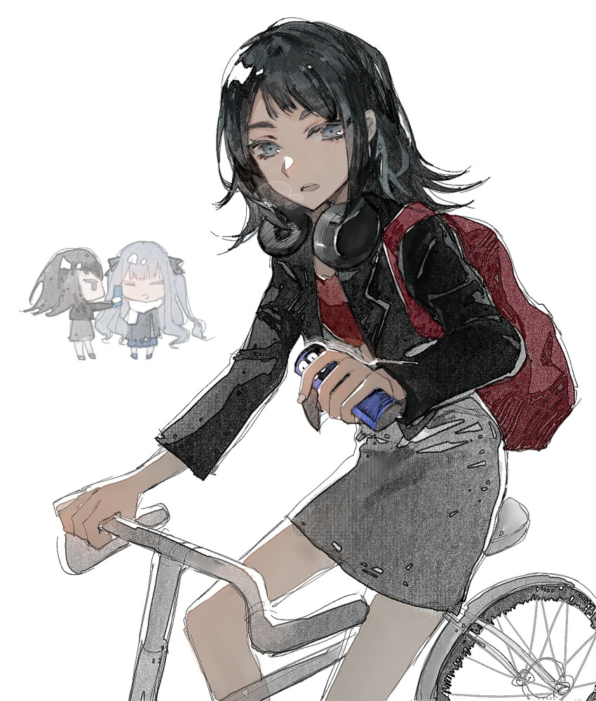 2girls backpack bag bang_dream! bang_dream!_it's_mygo!!!!! bicycle black_hair black_jacket black_ribbon blue_eyes blue_hair breath can closed_eyes commentary grey_skirt hair_ribbon hashtag-only_commentary headphones headphones_around_neck highres holding holding_can jacket long_hair long_sleeves looking_at_viewer multiple_girls open_clothes open_jacket parted_lips red_shirt reiboubyou ribbon riding riding_bicycle scarf shirt simple_background skirt togawa_sakiko white_background white_scarf yahata_umiri