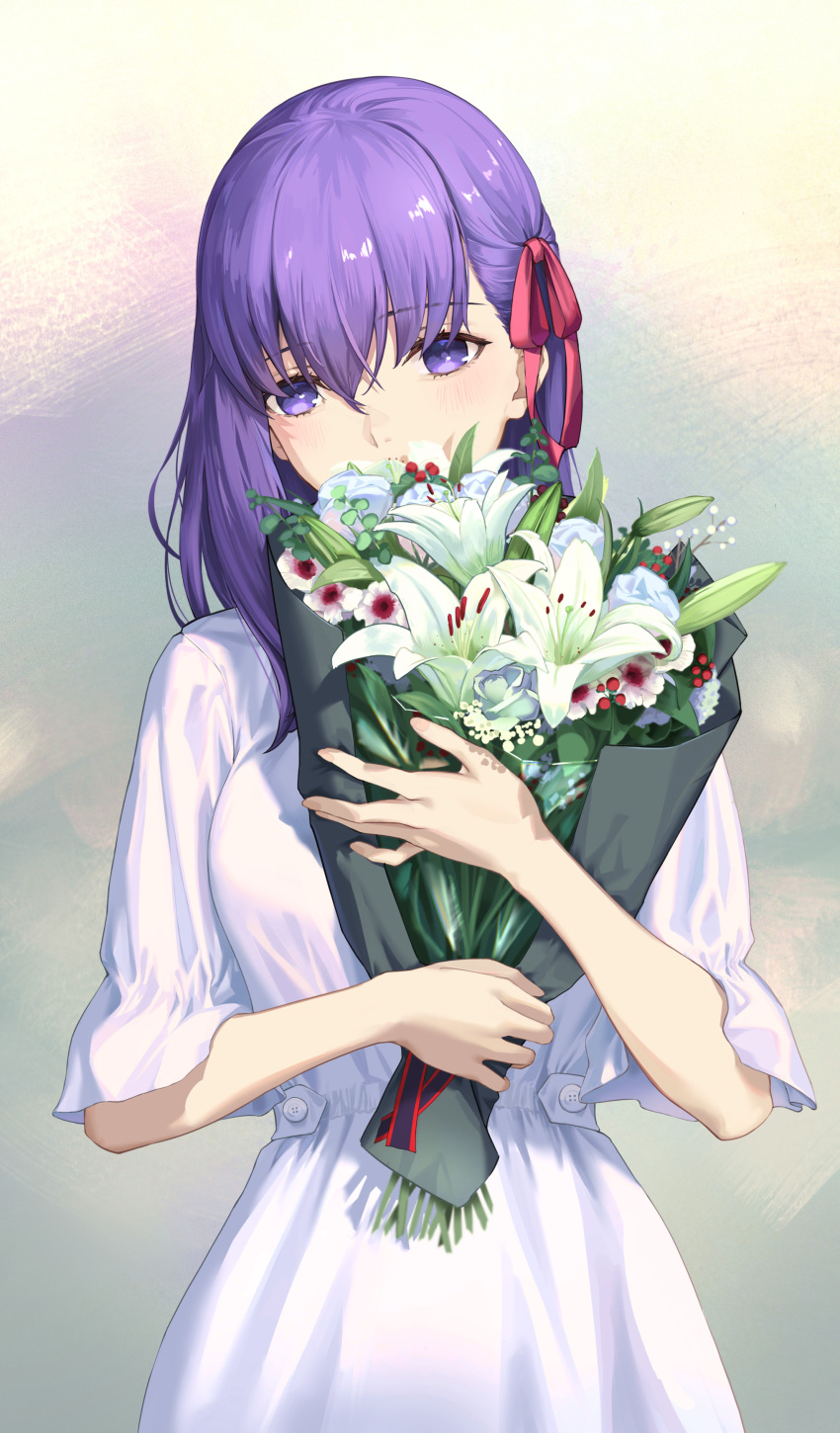 1girl absurdres blush bouquet commentary_request dress fate/stay_night fate_(series) flower hair_between_eyes hair_ribbon head_tilt highres holding holding_bouquet leaf looking_at_viewer matou_sakura pink_ribbon purple_hair ribbon simple_background solo tooku0 violet_eyes white_dress white_flower
