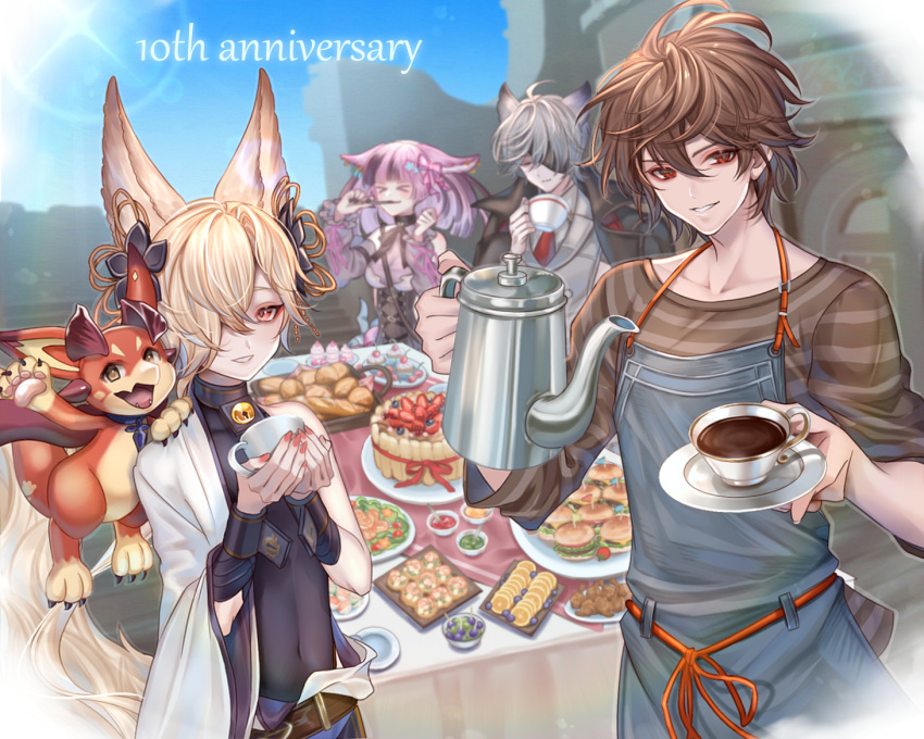 &gt;_&lt; 1girl 1other 3boys ahoge animal_ears apron arch azaka_(rionrita) baguette bell belt bishounen blonde_hair blue_sky bread brown_hair burger cake choker coffee_cup coffee_pot commentary commentary_request cup cupcake denim disposable_cup dragon eating english_text erune eyepatch food fox_ears goth_fashion gothic_lolita granblue_fantasy grey_hair hair_between_eyes hair_ornament hair_over_one_eye holding holding_cup jacket jacket_on_shoulders kou_(granblue_fantasy) light_particles light_rays lolita_fashion looking_at_viewer male_focus manamel_(granblue_fantasy) medium_hair multicolored_hair multiple_boys neck_bell necktie nehan_(granblue_fantasy) picnic pink_hair red_eyes red_nails red_necktie ruins salad sandalphon_(granblue_fantasy) sandalphon_(server_of_a_sublime_brew)_(granblue_fantasy) shirt short_hair sky sleeves_rolled_up striped_clothes striped_shirt suit sushi table vertical-striped_clothes vertical-striped_shirt vignetting vyrn_(granblue_fantasy) wolf_ears