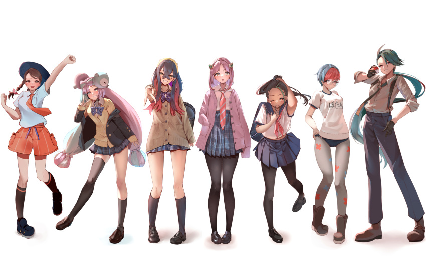 alternate_costume arched_bangs arm_up asymmetrical_legwear bag black_footwear black_gloves black_hair black_pantyhose blue_hair blue_pants blue_sailor_collar blue_skirt blueberry_academy_school_uniform blush boots braid breasts brown_eyes brown_hair buruma cardigan carmine_(pokemon) closed_mouth clothes_writing coat collared_shirt colored_inner_hair crossed_bangs dark-skinned_female dark_skin earrings eyelashes freckles full_body glasses gloves green_hair grey_hair grey_pantyhose gym_uniform hair_between_eyes hair_ornament hair_tie_in_mouth hairband hairclip hand_on_own_hip hat highres holding holding_poke_ball iono_(pokemon) jewelry juliana_(pokemon) lacey_(pokemon) large_breasts loafers long_hair long_sleeves looking_at_viewer magnemite midriff_peek mole mole_under_eye momdy_(talesshinja) mouth_hold multicolored_hair multiple_girls naranja_academy_school_uniform neckerchief necktie nemona_(pokemon) one_eye_closed open_mouth orange_neckerchief pants pantyhose pencil_skirt penny_(pokemon) pink_coat pink_hair pleated_skirt poke_ball poke_ball_(basic) pokemon pokemon_sv ponytail print_pantyhose red_gloves red_necktie redhead rika_(pokemon) sailor_collar school_bag school_uniform serafuku shirt shoes short_hair short_sleeves shorts simple_background skirt smile standing streaked_hair suspenders thick_eyebrows tomboy triangle_earrings twintails two-tone_hair tying_hair v walking white_background white_shirt yellow_eyes yellow_hairband