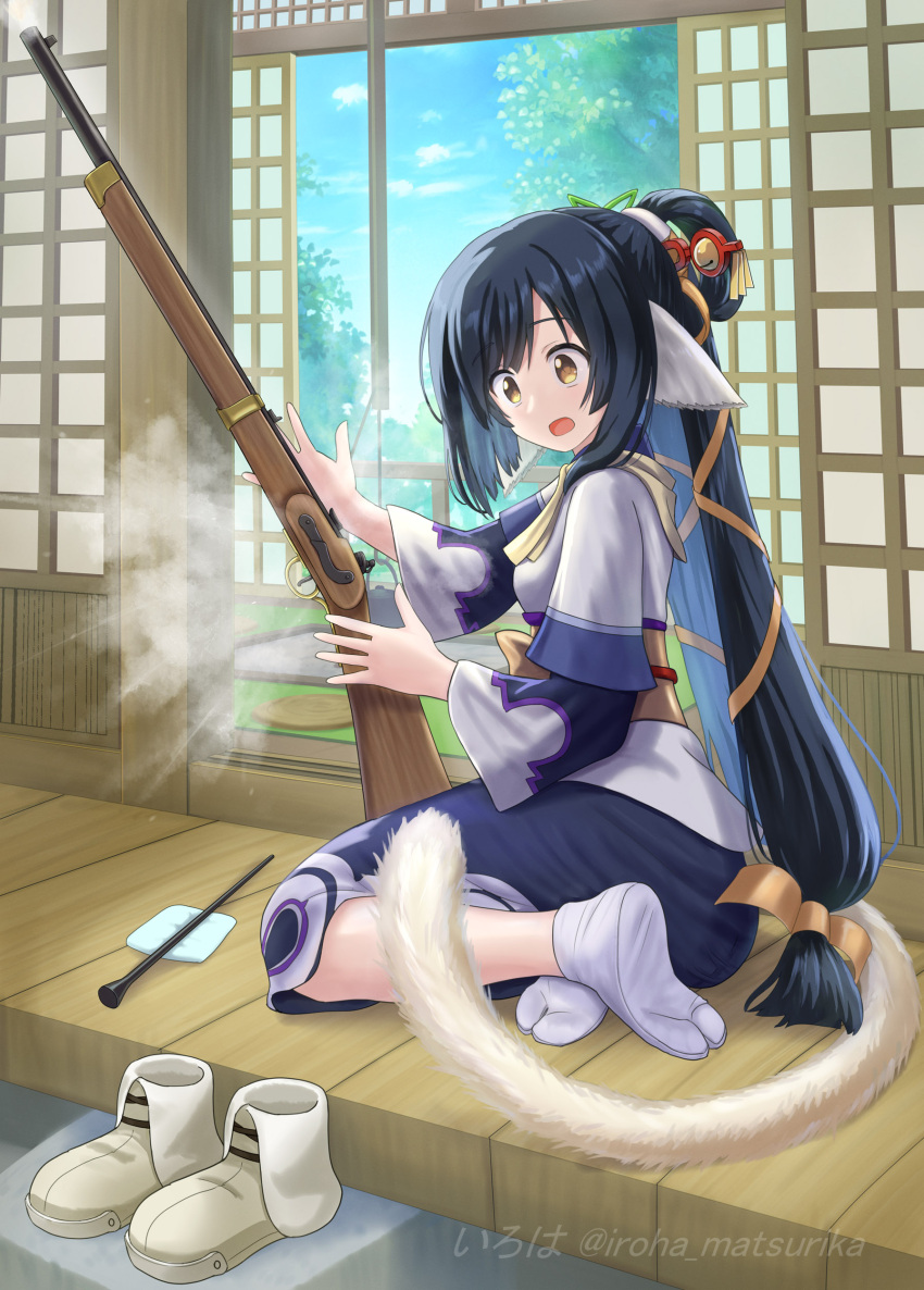 1girl absurdres animal_ears bell black_dress black_hair blue_hair blue_sky breasts brown_eyes brown_footwear brown_ribbon clouds commission day dress explosion gun hair_bun hair_ribbon highres holding holding_gun holding_weapon iroha_(iroha_matsurika) jingle_bell kuon_(utawarerumono) layered_sleeves long_hair long_sleeves multicolored_hair obi open_mouth outdoors pixiv_commission ribbon sash shoes short_over_long_sleeves short_sleeves sky small_breasts soles solo surprised tabi tail two-tone_hair unworn_shoes utawarerumono utawarerumono:_itsuwari_no_kamen very_long_hair weapon weapon_request wide_sleeves