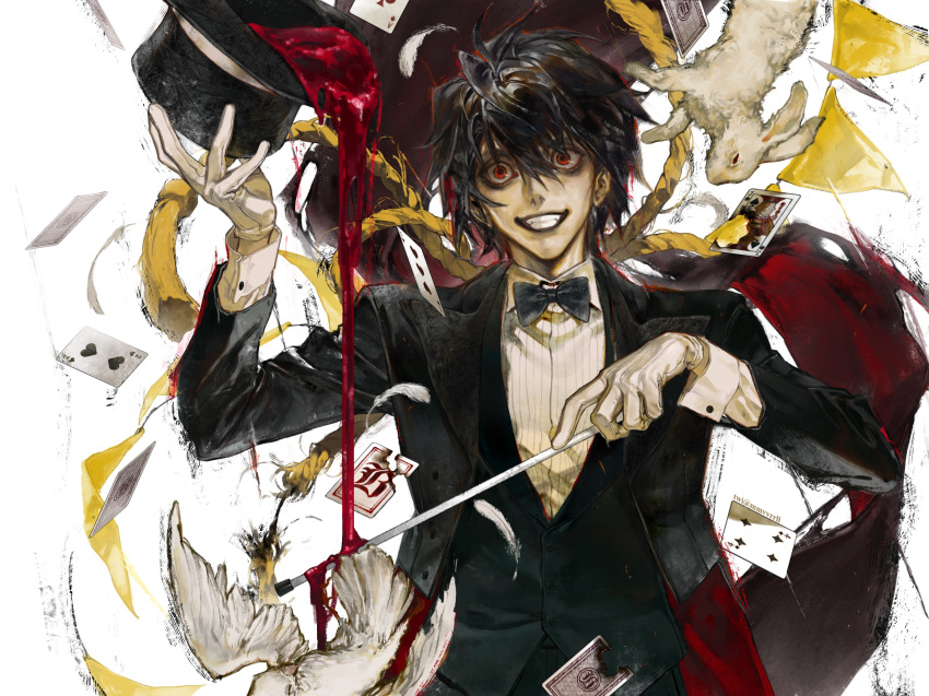1boy animal bags_under_eyes bird black_hair black_lips black_necktie black_suit blood burning card clenched_teeth commentary_request crazy_smile death_note dove feathers gloves hat highres holding holding_clothes holding_hat l_(death_note) magician male_focus mvrl necktie playing_card rabbit red_eyes rope simple_background smile suit teeth top_hat twitter_username upper_body white_background white_gloves white_rabbit_(animal)