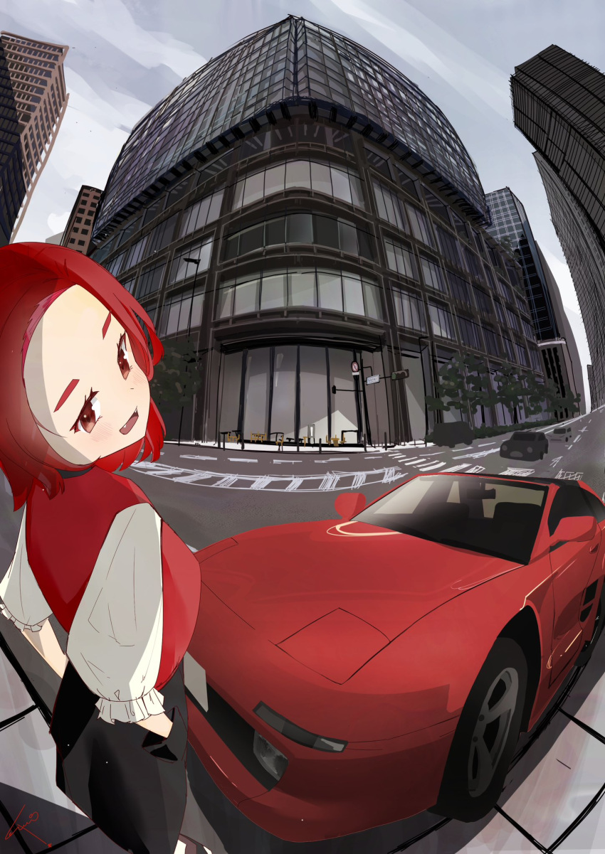 1girl black_pants blush breasts brown_eyes car city fang fangs fisheye forehead hands_in_pockets head_tilt highres medium_breasts motor_vehicle open_mouth original pants red_shirt redhead shirt smile solo sports_car torepon toyota_mr2 toyota_mr2_sw20 white_sleeves